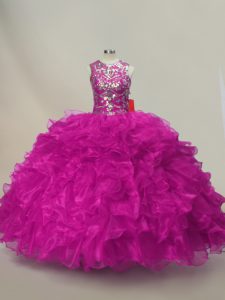 Sumptuous Fuchsia Scoop Lace Up Ruffles and Sequins Quinceanera Gown Sleeveless