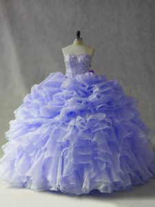 Organza Strapless Sleeveless Brush Train Lace Up Beading and Ruffles and Pick Ups Quinceanera Gowns in Lavender
