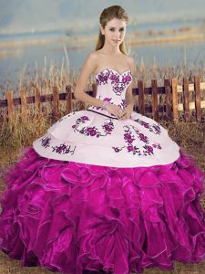 Latest Organza Sweetheart Sleeveless Lace Up Embroidery and Ruffles and Bowknot Sweet 16 Dress in Fuchsia