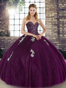 Free and Easy Dark Purple Sweetheart Neckline Beading and Appliques 15th Birthday Dress Sleeveless Lace Up