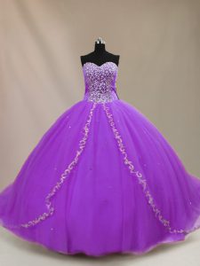Purple Lace Up Sweetheart Beading 15 Quinceanera Dress Tulle Sleeveless Court Train