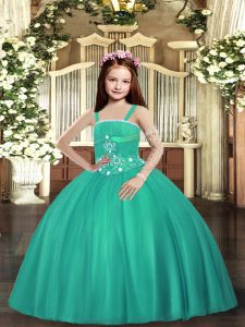 Best Turquoise Sleeveless Floor Length Beading Lace Up Little Girls Pageant Dress