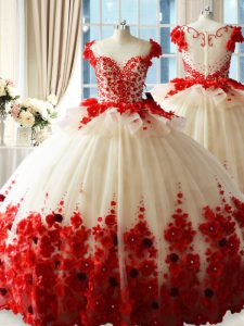 White And Red Quinceanera Gown Tulle Brush Train Sleeveless Hand Made Flower