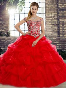 Red Sleeveless Beading and Pick Ups Lace Up Quinceanera Dress