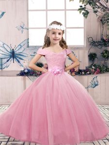 Vintage Pink Lace Up Off The Shoulder Lace and Bowknot Girls Pageant Dresses Tulle Sleeveless