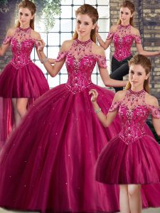Perfect Brush Train Ball Gowns Sweet 16 Quinceanera Dress Fuchsia Halter Top Tulle Sleeveless Lace Up