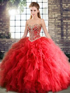 Custom Designed Sweetheart Sleeveless Lace Up Sweet 16 Dress Red Tulle