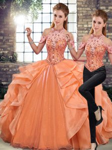 Glittering Orange Sleeveless Beading and Ruffles Floor Length Quinceanera Gowns