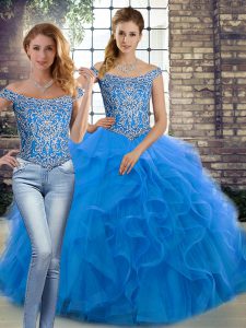 Beading and Ruffles Quinceanera Dress Blue Lace Up Sleeveless Brush Train
