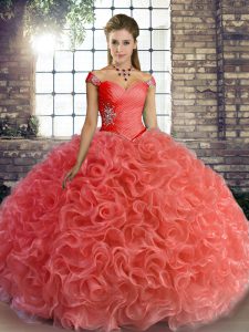 Inexpensive Fabric With Rolling Flowers Off The Shoulder Sleeveless Lace Up Beading 15 Quinceanera Dress in Watermelon Red