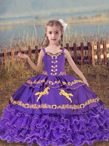 Fashion Floor Length Lavender Winning Pageant Gowns Organza Sleeveless Beading and Embroidery and Ruffled Layers