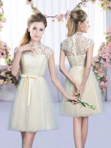 Fantastic Cap Sleeves Lace Up Mini Length Lace and Bowknot Quinceanera Court of Honor Dress