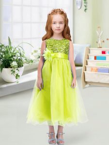 Enchanting Yellow Green Kids Formal Wear Wedding Party with Sequins and Hand Made Flower Scoop Sleeveless Zipper