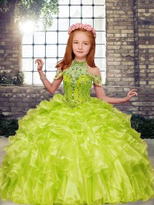 Elegant Floor Length Lace Up Kids Pageant Dress Yellow Green for Party and Wedding Party with Beading and Ruffles