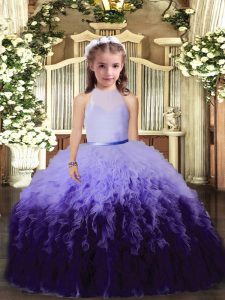 High-neck Sleeveless Little Girls Pageant Dress Floor Length Beading and Ruffles Multi-color Tulle