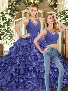 Lavender Backless V-neck Ruffles Ball Gown Prom Dress Organza Sleeveless Brush Train