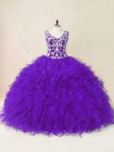 Purple Tulle Backless Quinceanera Gowns Sleeveless Floor Length Beading and Ruffles