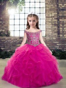 Elegant Fuchsia Tulle Lace Up Off The Shoulder Sleeveless Floor Length Little Girl Pageant Dress Beading and Ruffles