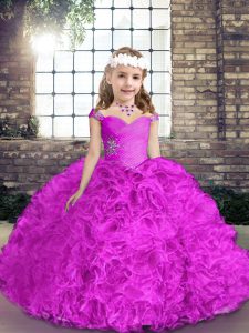 Fuchsia Lace Up Pageant Dress for Girls Beading Sleeveless Floor Length