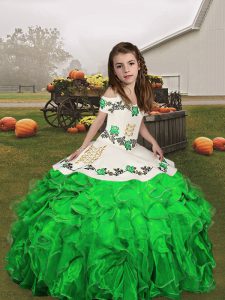 Luxurious Organza Straps Sleeveless Lace Up Embroidery and Ruffles Kids Formal Wear in Green
