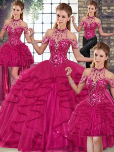 Fuchsia Sleeveless Tulle Lace Up Quince Ball Gowns for Military Ball and Sweet 16 and Quinceanera