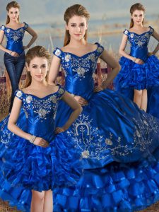 Luxurious Ball Gowns Quinceanera Dress Royal Blue Off The Shoulder Satin and Organza Sleeveless Floor Length Lace Up