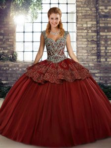 Wine Red Sleeveless Tulle Lace Up Quince Ball Gowns for Military Ball and Sweet 16 and Quinceanera