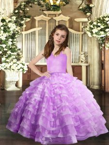 Lavender Ball Gowns Straps Sleeveless Organza Floor Length Lace Up Ruffled Layers Pageant Gowns For Girls