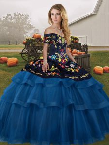 Smart Blue And Black Ball Gowns Tulle Off The Shoulder Sleeveless Embroidery and Ruffled Layers Lace Up Vestidos de Quinceanera Brush Train