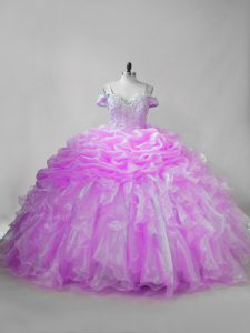 Lace Up Sweet 16 Quinceanera Dress Lilac for Sweet 16 and Quinceanera with Beading and Ruffles and Pick Ups Brush Train