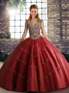 Wine Red Sleeveless Tulle Lace Up Quinceanera Dress for Military Ball and Sweet 16 and Quinceanera