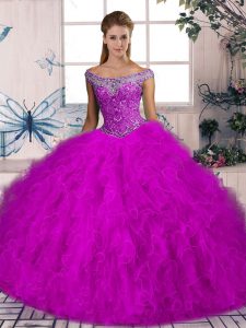 Fuchsia Lace Up Off The Shoulder Beading and Ruffles 15 Quinceanera Dress Tulle Sleeveless Brush Train