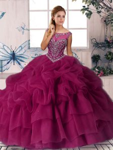 Classical Sleeveless Brush Train Zipper Beading and Pick Ups Quinceanera Gown