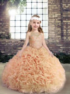 Exceptional Peach Lace Up Scoop Sleeveless Floor Length Pageant Dress for Girls Beading