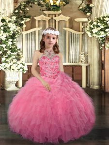 Graceful Sleeveless Tulle Floor Length Lace Up Little Girls Pageant Gowns in Pink with Beading
