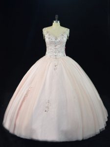 Beauteous Pink V-neck Neckline Beading Quinceanera Gowns Sleeveless Lace Up