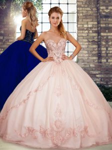 Flare Pink Lace Up Sweetheart Beading and Embroidery Vestidos de Quinceanera Tulle Sleeveless