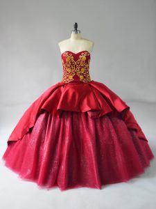 Beauteous Court Train Ball Gowns Sweet 16 Dresses Wine Red Sweetheart Satin and Tulle Sleeveless Lace Up
