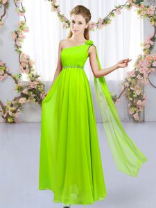 Nice Yellow Green One Shoulder Neckline Beading and Hand Made Flower Quinceanera Court Dresses Sleeveless Lace Up