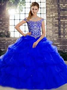 Off The Shoulder Sleeveless Brush Train Lace Up Sweet 16 Dress Royal Blue Tulle