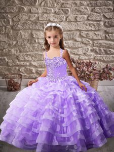 Discount Sleeveless Organza Brush Train Lace Up Custom Made Pageant Dress in Lavender with Beading and Ruffled Layers
