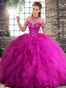 Fashionable Halter Top Sleeveless Lace Up 15th Birthday Dress Fuchsia Tulle