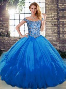 Off The Shoulder Sleeveless Lace Up Quince Ball Gowns Blue Tulle