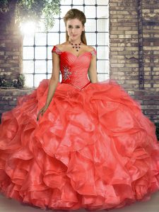 Custom Made Floor Length Coral Red 15th Birthday Dress Organza Sleeveless Beading and Ruffles
