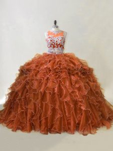 Excellent Scoop Sleeveless Sweet 16 Dress Brush Train Beading and Ruffles Brown Organza