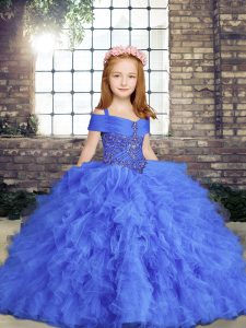Edgy Blue Ball Gowns Beading and Ruffles Pageant Dresses Lace Up Tulle Sleeveless Floor Length