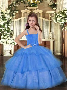 Pretty Straps Sleeveless Lace Up Pageant Dress Womens Blue Tulle