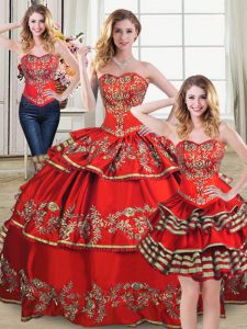 Fashion Red Lace Up 15 Quinceanera Dress Embroidery and Ruffled Layers Sleeveless Floor Length