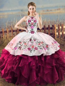 Ball Gowns Quinceanera Dresses Fuchsia Halter Top Organza Sleeveless Floor Length Lace Up