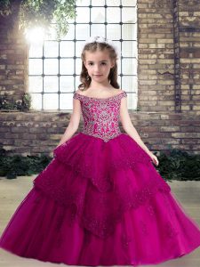 Clearance Fuchsia Sleeveless Beading and Lace and Appliques Floor Length Little Girl Pageant Dress